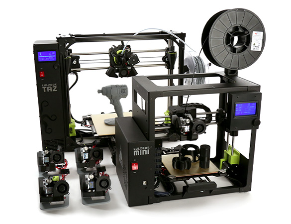 The TAZ 6 and Mini 2 LulzBot 3D Printers with four Universal Tool Heads